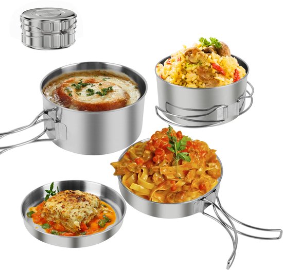 Bestargot Camping kookgerei roestvrijstalen pannenset, camping kookpot outdoor pan (900ml 600ml), 4-delig camping pannenset voor gasfornuis en campingfornuis Bestargot Camping kookgerei roestvrijstalen pannenset, camping kookpot outdoor pan (900ml 600ml), 4-delig camping pannenset voor gasfornuis en campingfornuis