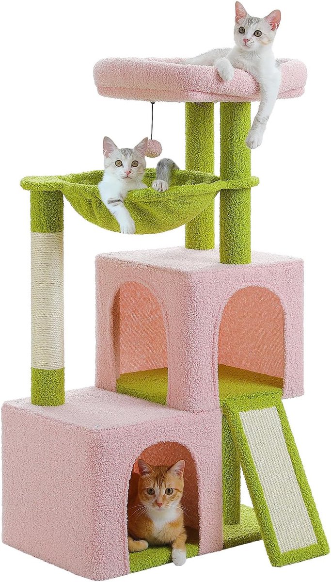 Retadou – Krabpaal 104 cm kattenboom met 2 ruime holtes voor huiskatten, kattenhuis met comfortabele hangmat, gevoerde zitstang, krabpad en afneembare speelbal, roze