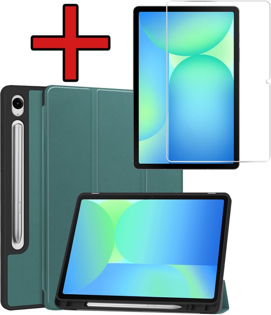 Hoesje - Geschikt voor Samsung Galaxy Tab S10 Lite - Met Screenprotector - Trifold Bookcase Hoes - Hard Cover Case - Met Uitsparing Geschikt voor S Pen - Hardcover Book - Tablethoes - Donkergroen