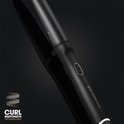 Detailopname van de zwarte ghd Chronos Curve conische krultang, met de tekst 'ghd conical wand' en 'curl responsive technology'.