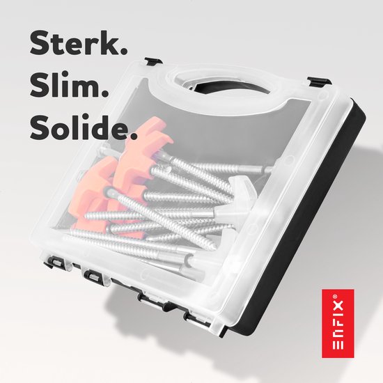 Doorzichtige opbergkoffer met oranje en witte schroefharingen.