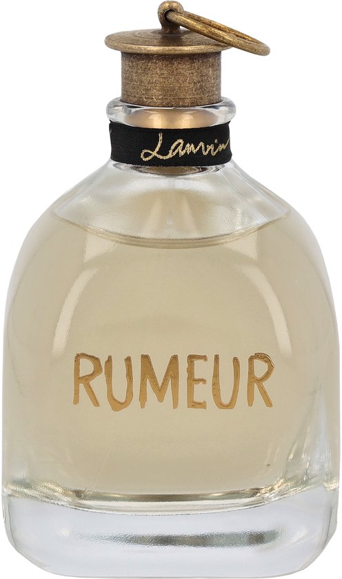Glazen parfumflesje met gouden letters "RUMEUR", een zwart lint met "Lanvin" en een gouden dop.