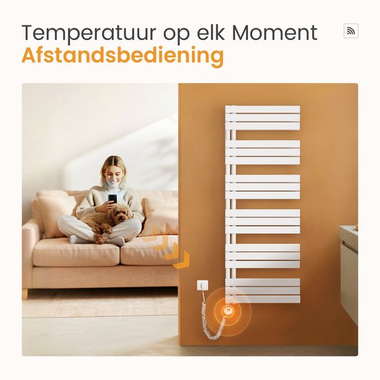 Vrouw met hond op de bank, gebruikt smartphone om temperatuur van handdoekradiator te regelen.