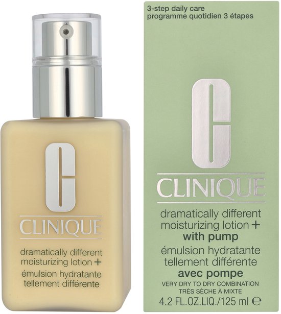 Fles en doosje Clinique Dramatically Different Moisturizing Lotion+ met pomp, voor zeer droge tot gecombineerde huid.