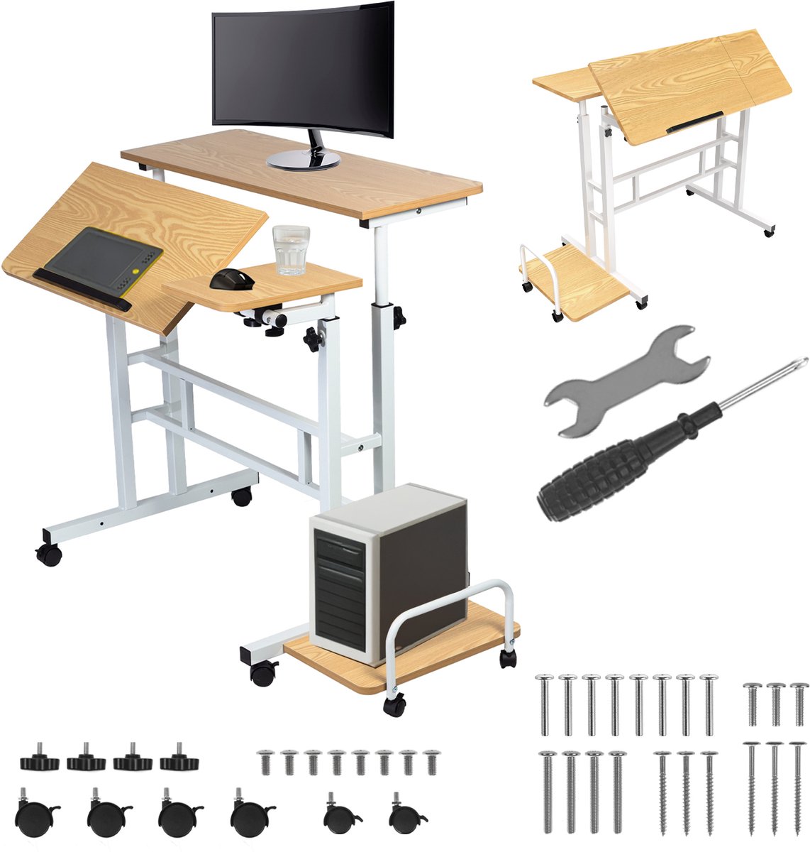 Maclean - Bureau - Mobiele bureau - blad 80x60cm - max. 50kg - hoogteverstelling 67-115cm , MC-124 W - Wit