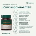 Fles Bonusan Vitamine D3 & K2 Forte, 60 capsules. Naast de fles vijf iconen van het productieproces.