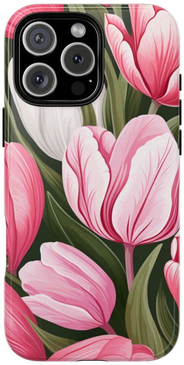 Roze en Witte Tulp Bloemenpatroon – Telefoonhoesje Geschikt voor iPhone 16 Pro Max