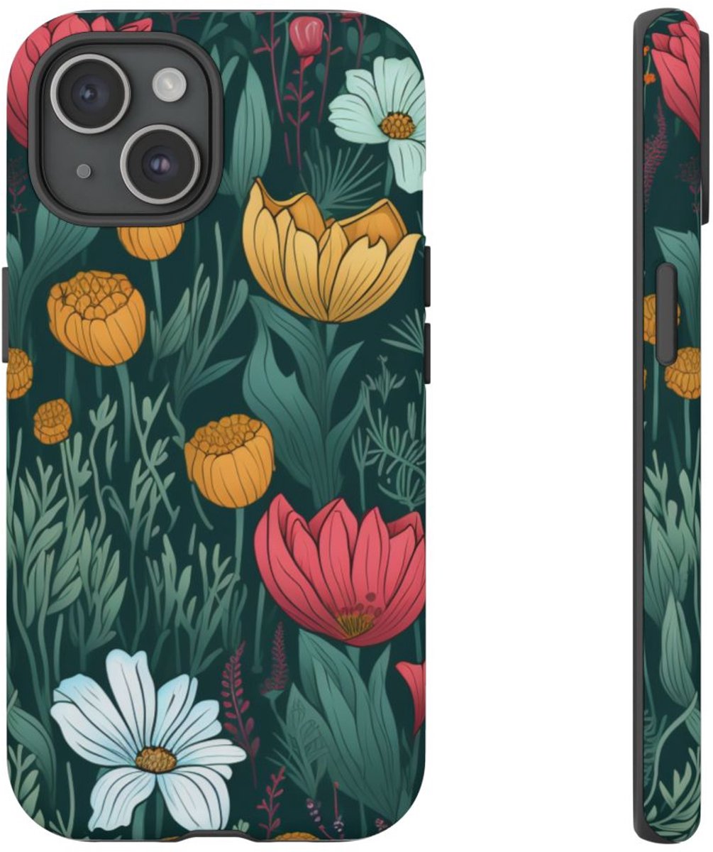 Handgetekend Bloemenweidepatroon – Telefoonhoesje Geschikt voor iPhone 15