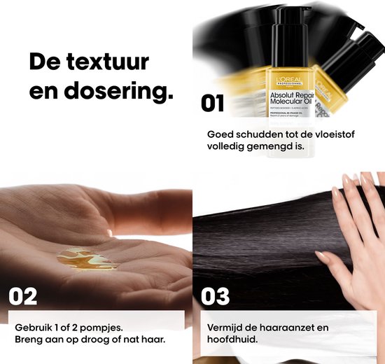 Een hand met olie, een flesje en een vrouw die haar haar aanbrengt.