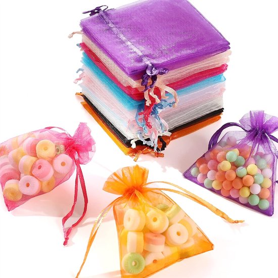 Organzazakjes, set van 25, 50 en 100 stuks, zakjes, tafelloper, organza, klein, bruiloft, decoratiestof, zakjes, stoffen zakjes, geschenkzakjes, knutselen, sieraden, sieradenzakjes, voor zilver, wit, veelkleurig