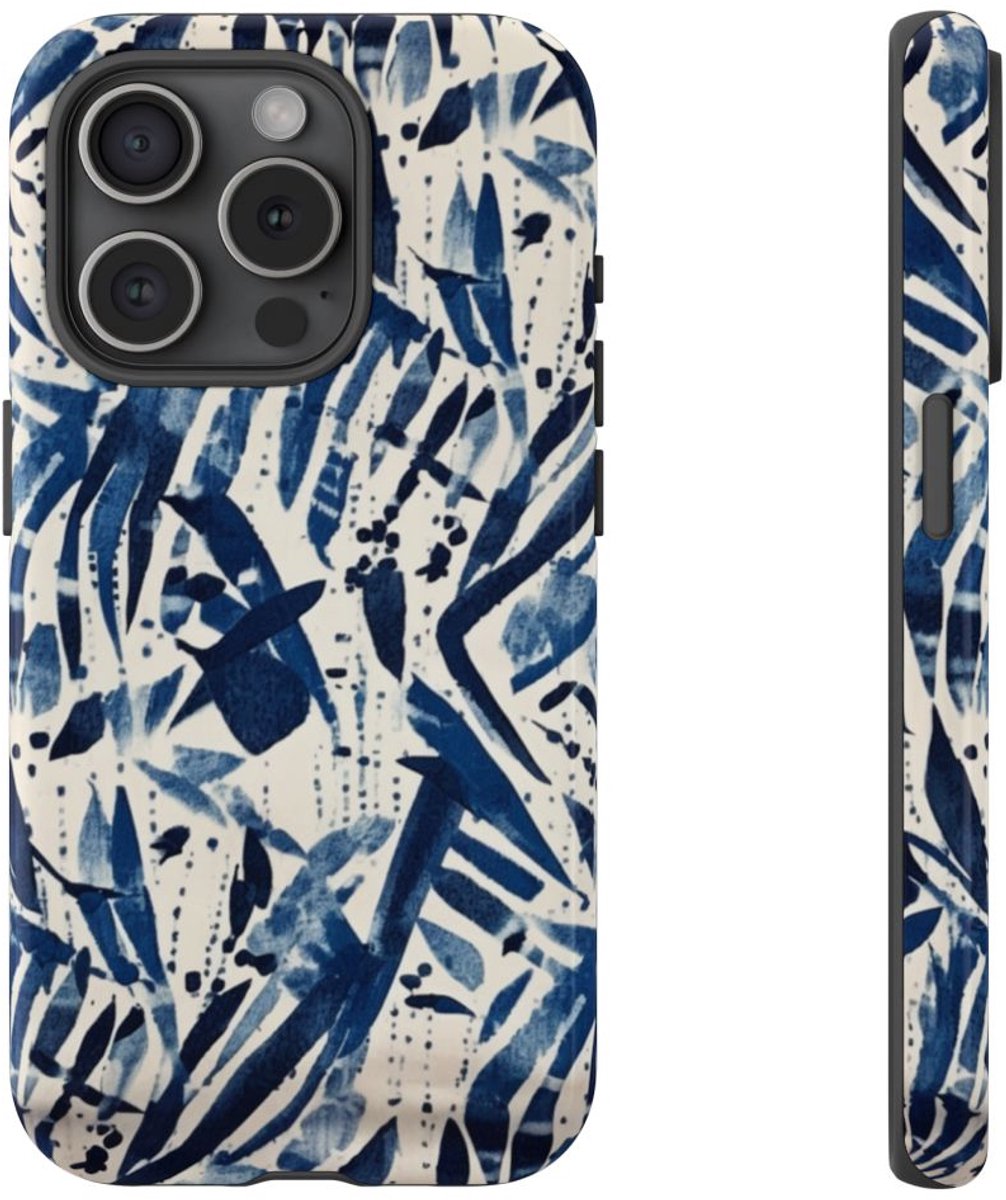 Blauw Abstract Penseelstrepenpatroon – Telefoonhoesje Geschikt voor iPhone 15 Pro