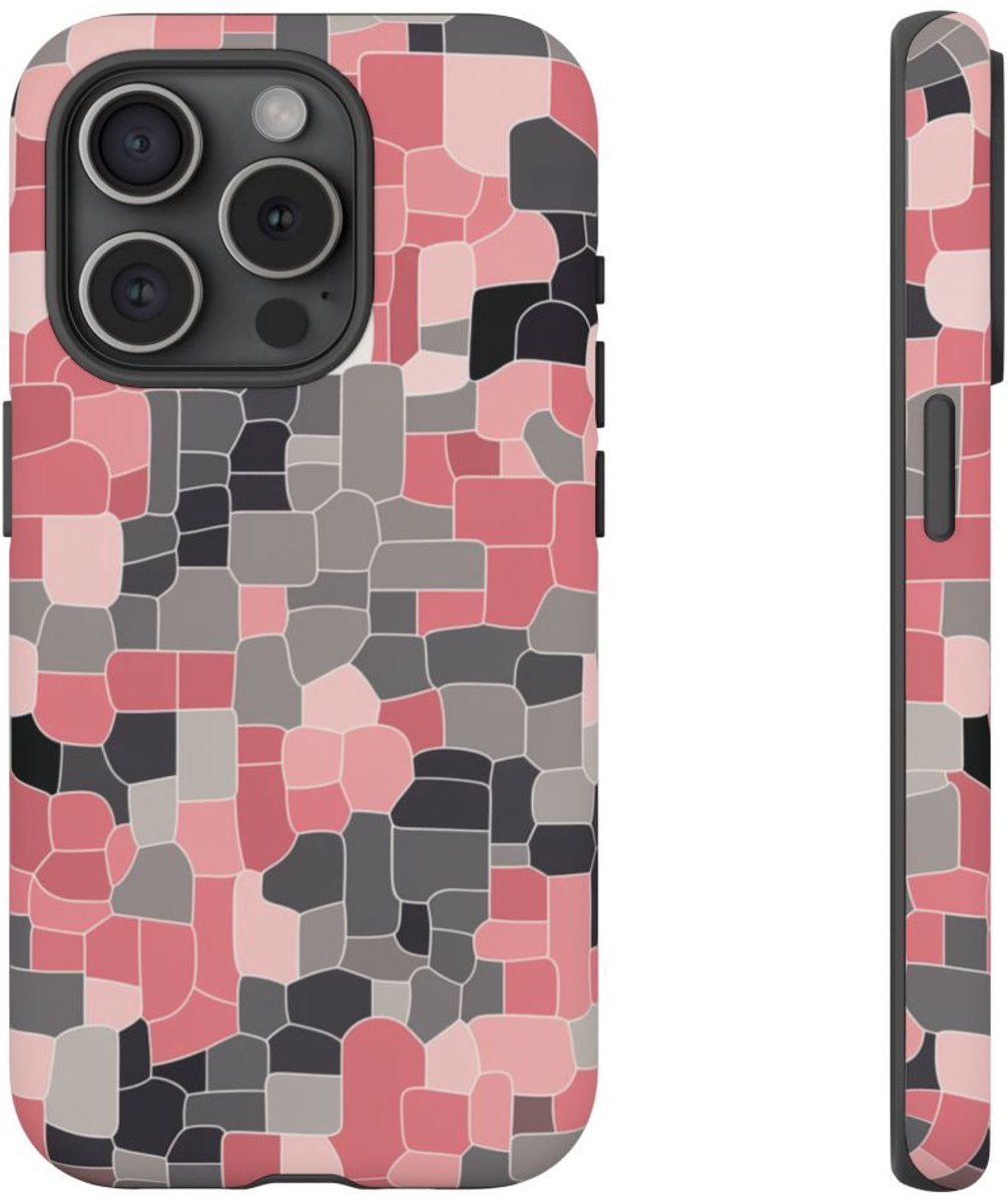 Abstract Roze en Grijs Geometrisch Patroon – Telefoonhoesje Geschikt voor iPhone 15 Pro