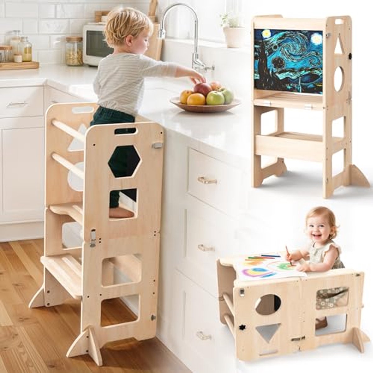 Image of 4-in-1 Peuter Keuken Opstapkruk - Opvouwbare Leren Staande Toren met Schoolbord voor Kinderen