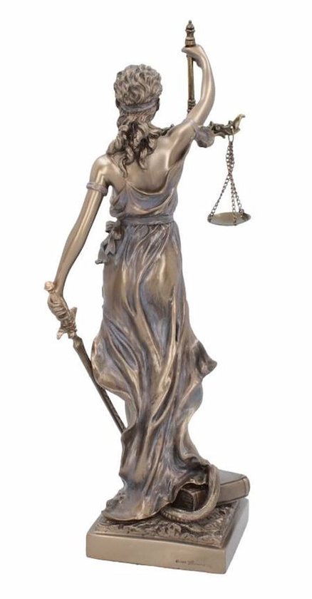 Justitia Romeinse Godin van Rechtvaardigheid - Veronese Design - Bronskleurig beeld - Hoogte 33cm - Vrouwe Justitia van Veronese Design met blauw doorschijnende jurk -