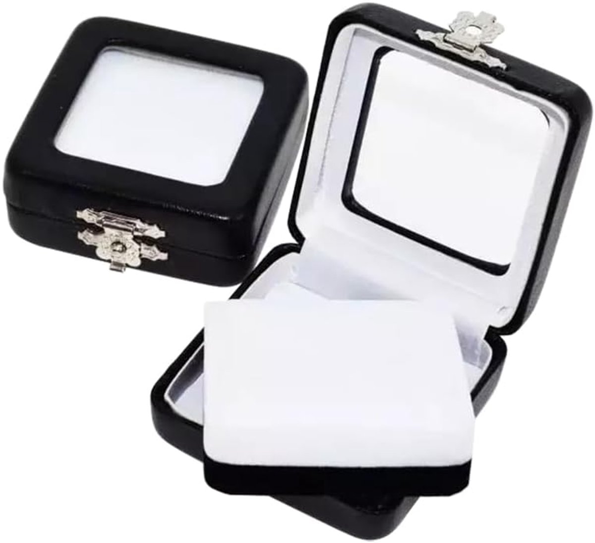 2 STKS Zwart PU Lederen Sieraden Display Box - Clear Sluiting Deksel - Spons Insert - Losse Diamanten Edelstenen Ringen Munten Kleine Waardevolle Opslag Organizer Case