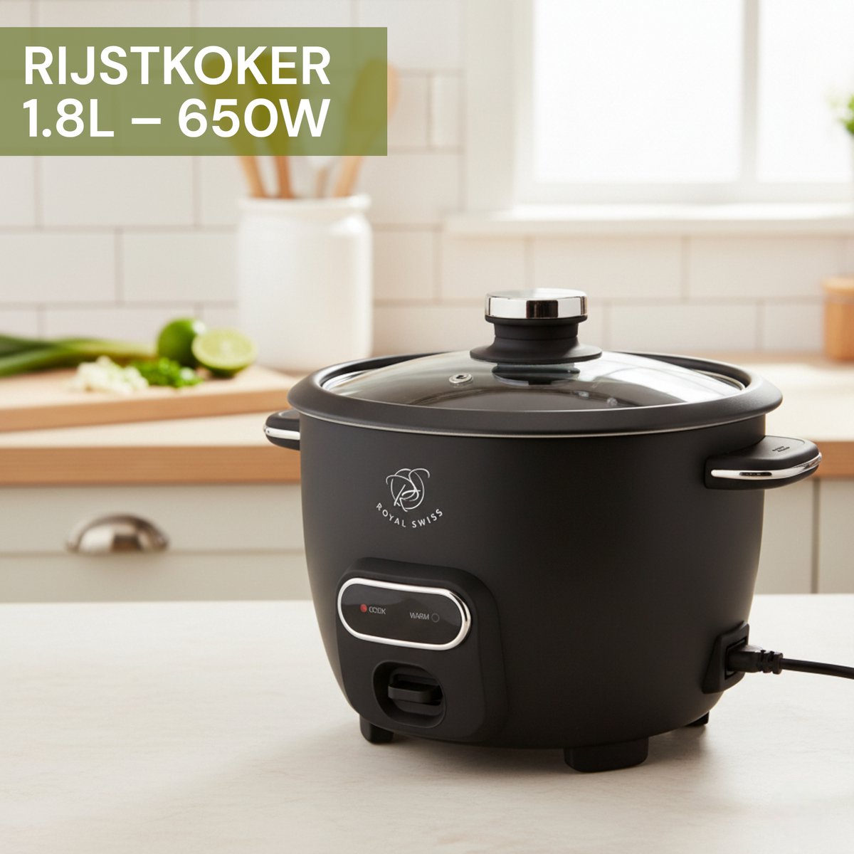 Royal Swiss® Rijstkoker – 1.8L – 650W – Glazen Deksel – Anti-aanbak Binnenpan – Inclusief Rijstlepel & Maatbeker thumbnail 4