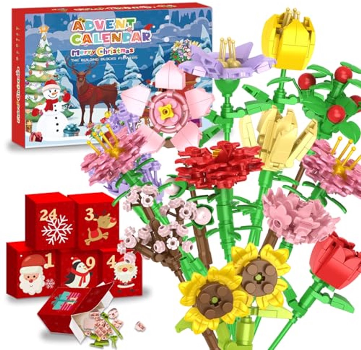 Kleurrijke bloemen bouwstenen adventskalender voor kinderen met 24 dagen bouwspeelgoed voor kerst.