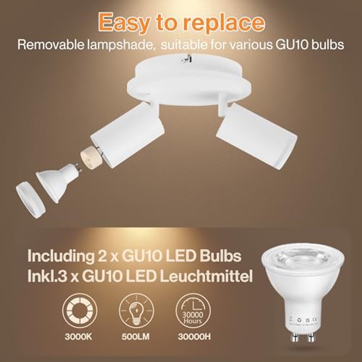 Moderne plafondlamp met 2 spots en onderverlichting - 6W + 2x5W GU10 LED - Warmwit 3000K - Geschikt voor keuken en woonkamer