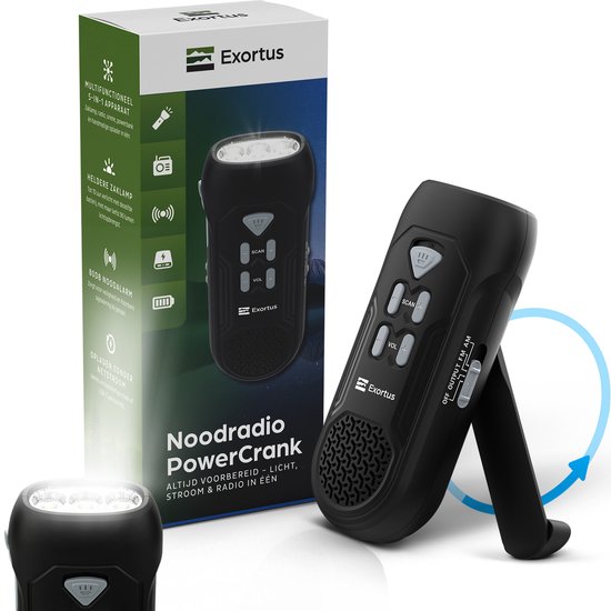 Exortus® LED Zaklamp & Noodradio Dynamo Opwindbaar 5-in-1 – Met Powerbank, AM/FM Radio – Compacte Draagbare Radio voor Noodpakket, Kamperen & Stroomuitval