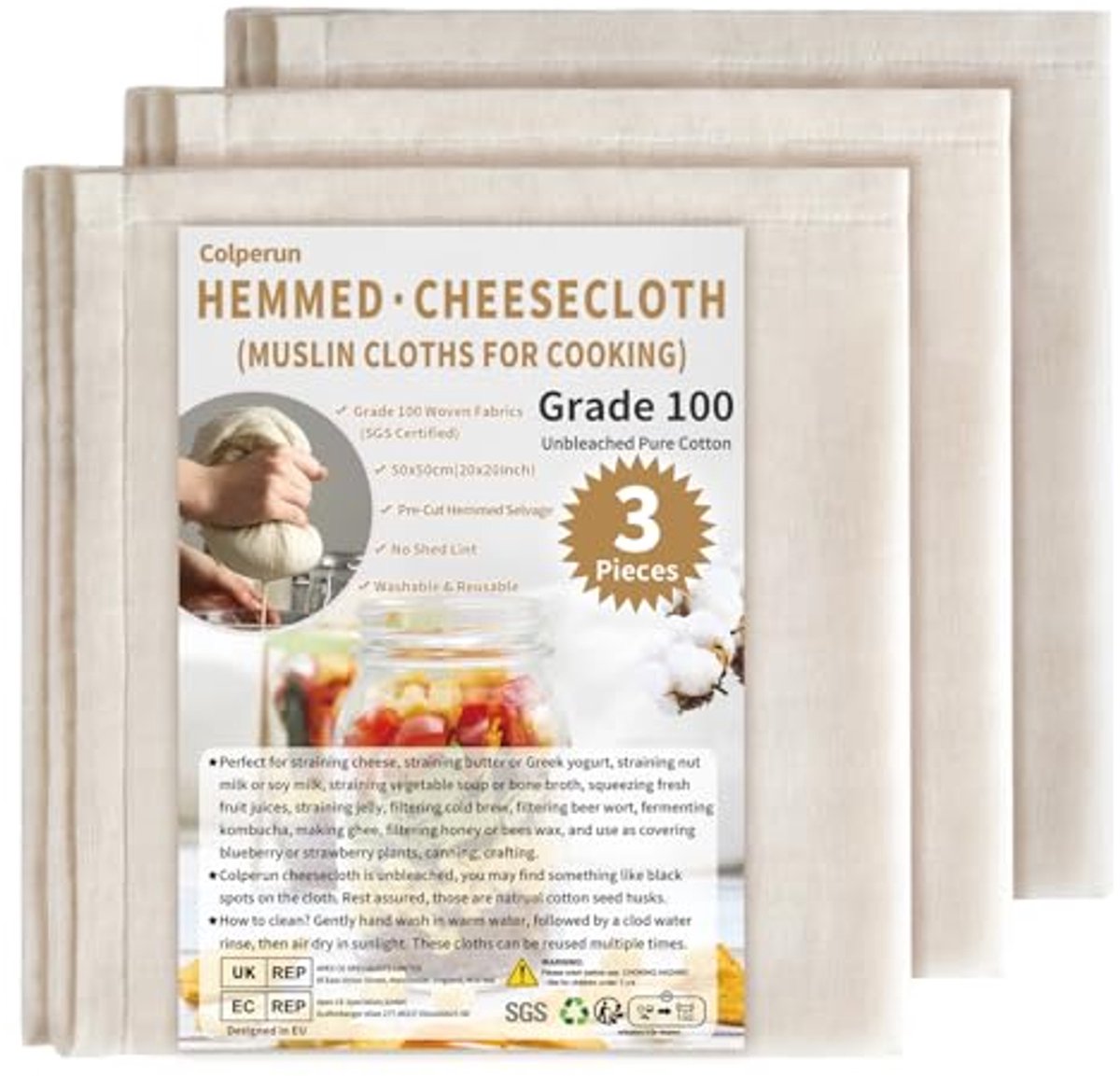 Kaasdoek Set van 3 - 50x50cm - 100% Katoen, Ongebleekt en Herbruikbaar voor Jam, Boter en Sap
