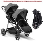 Mila Shop Tweeling buggy - Duo Buggy - Duo kinderwagen - Incl. 2 omvormbare zitjes & reiswiegjes - Geschikt voor 1 0f 2 kindjes vanaf geboorte tot 25KG - Zwart/Grijs