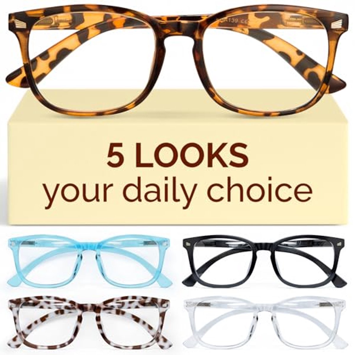 5 Pack Leesbrillen met Blauw Lichtfilter - UV Straling en Glare Bescherming - Mode Nerd Zonnebrillen voor Mannen en Vrouwen