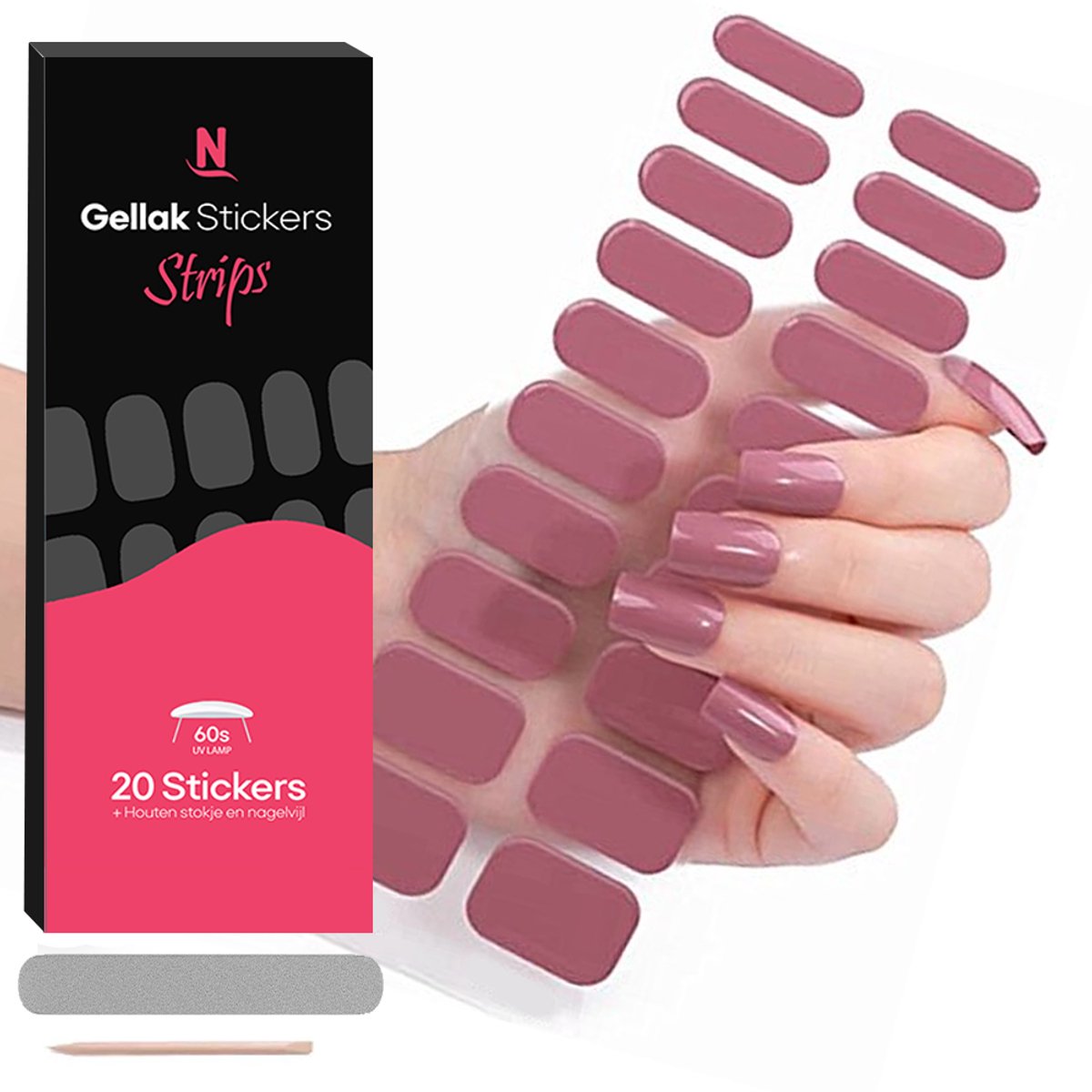 Nagelstad® Gellak Stickers - Gel Strips / Wrap Set - 20 Stuks + Houtje & Nagelvijl - Mauve