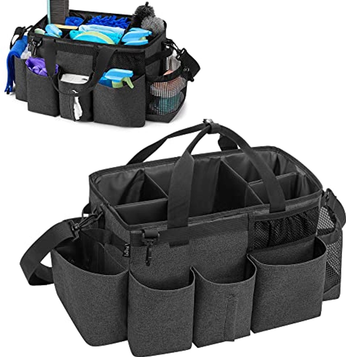 Tote Cleaning Caddy Bag met Opvouwbare Verdelers - Draagbare Organisator voor Schoonmaakbenodigdheden - Zwart