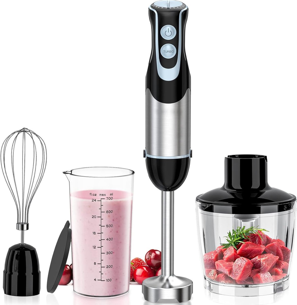 VIN® Staafmixer Set – 4-in-1 Staafmixerset Met 12 Snelheden en Turbofunctie – Hakmolen - Inclusief Maatbeker, Hakbeker en Mengopzetstuk – 1000W