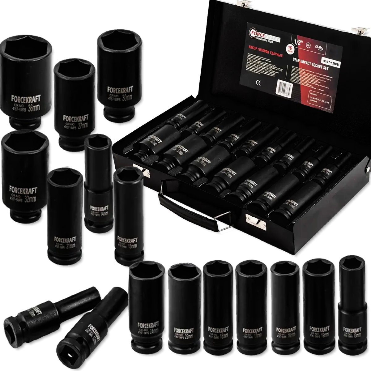 FORCEKRAFT Lange Hamerset 1/2" 16 Delig 10-36mm Cr-Mo