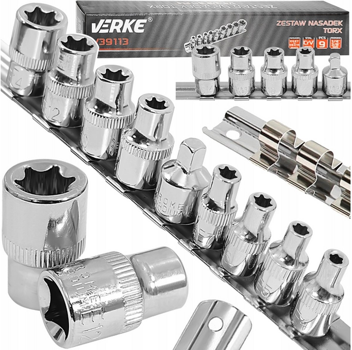 Verke Torx Doppenset E4-E14 1/4" 3/8" 8 Stuks