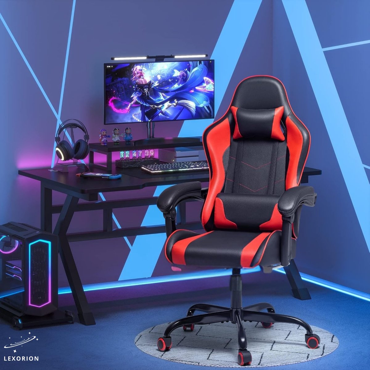 Lexorion Gaming Stoel – Ergonomische Gaming Chair – Inclusief Gratis RGB Gamingmuis Cadeau – Verstelbaar – Lederen Gamestoel – 136 kg – Rood– Bureaustoel – foto 7