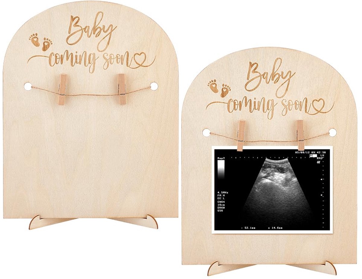 2 stuks 25x20cm Houten Echo Frame Stand Lichtgeel Baby Komt dichtbij Boog Zwangerschap Sonogram Fotolijst Met Clips En Hennep Touw Gift voor Moederaanstaande Zwangerschap