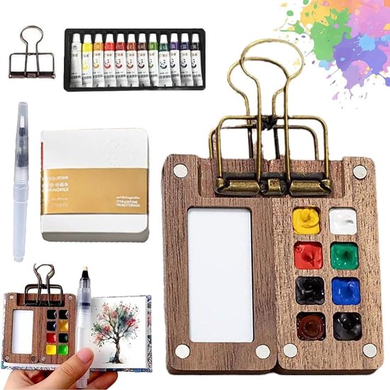 Houten aquarelset met 9 kleuren, tubes verf, waterborstel en schetsboek met boomillustratie.
