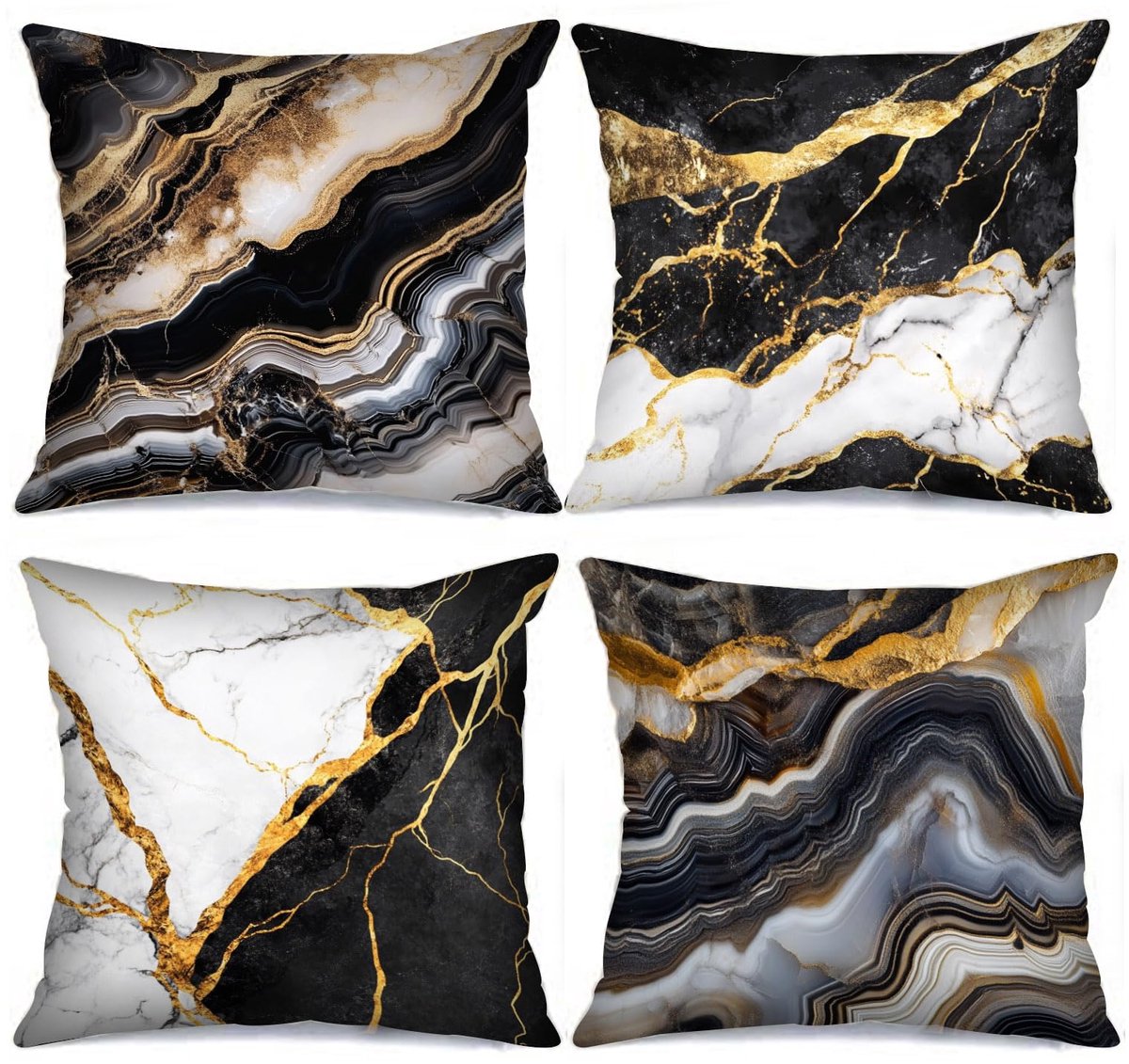 Namajunas Kussenhoes 45x45 cm - Kussenhoesje - Sierkussen - Marble Kussensloop - 100% polyester - Zwart - Met rits - Zonder binnenkussen - Set van 4