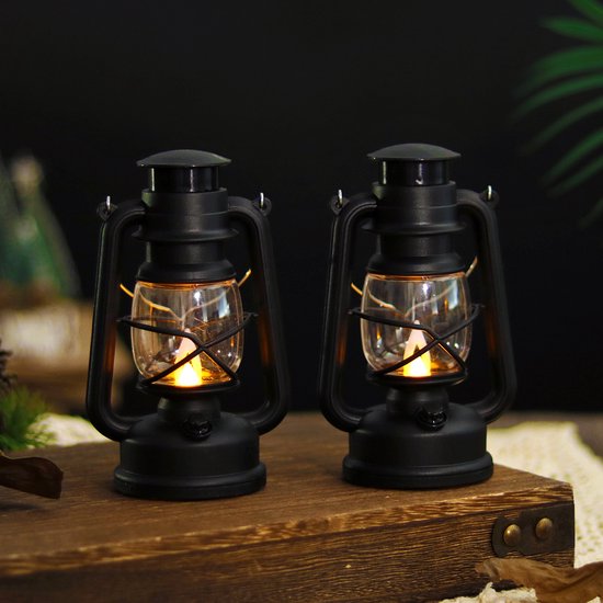 Vintage lantaarn - middelgrote camping petroleumlamp - mini petroleumlamp - kerstsfeerverlichtingsornament - 2 stuks - zwart