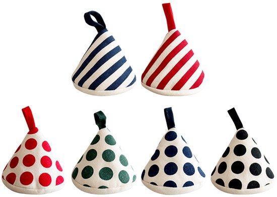 Zes conische ovenwanten op een witte achtergrond. Twee gestreepte patronen (rood-wit, blauw-wit). Vier polkaproducten: rood, groen, marineblauw, zwart.