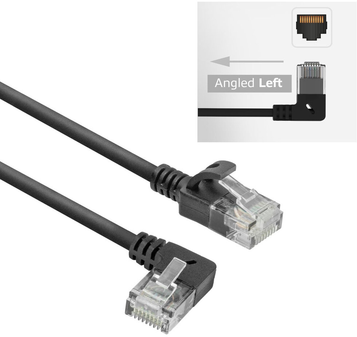 ACT Zwarte 3 meter U/UTP CAT6A LSZH slimline patchkabel met RJ45 connectoren, recht naar 90° haaks links DC1903