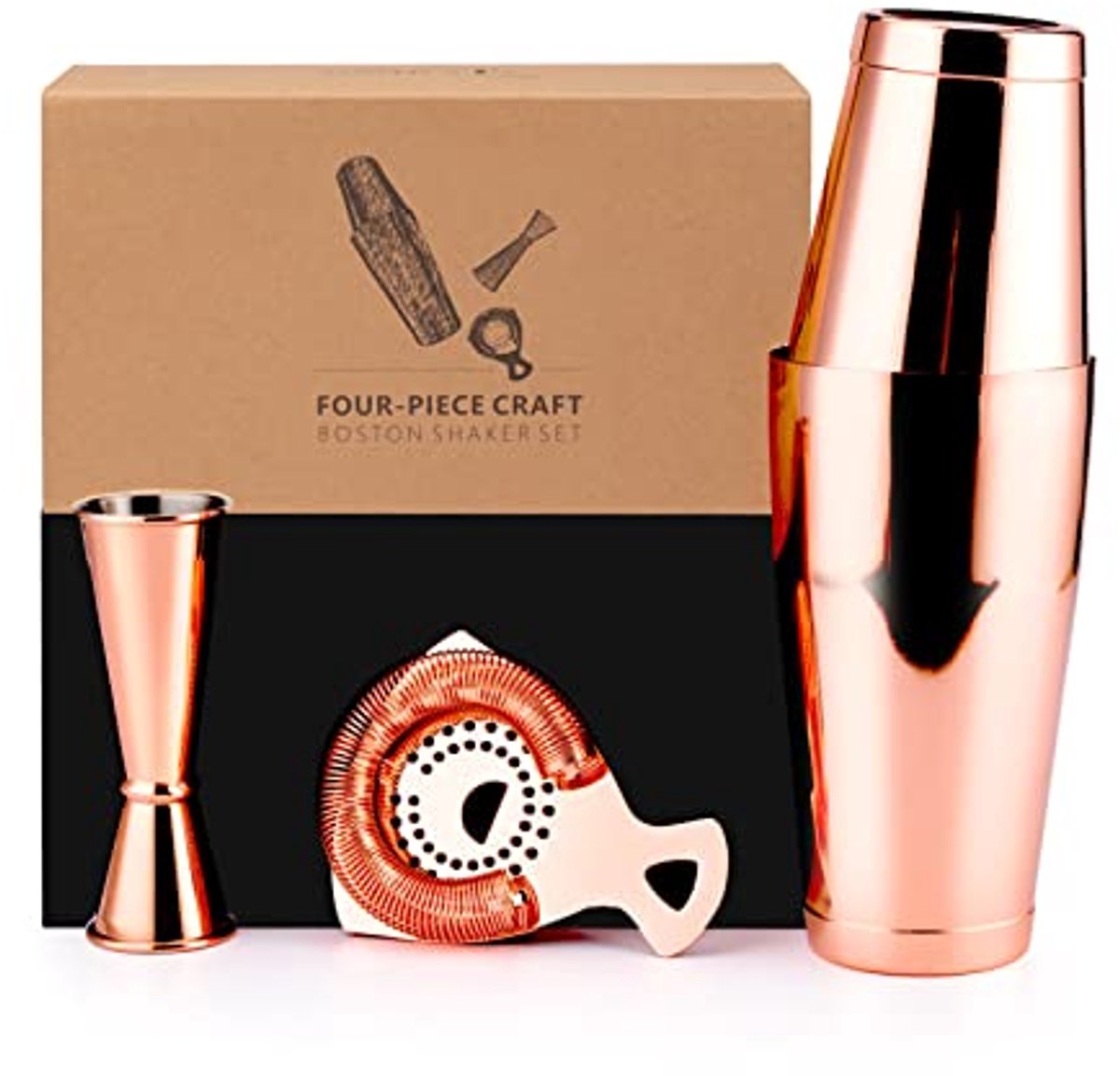 Cocktailshaker Set 4-delig Roestvrijstaal - Stijlvolle Shaker, Zeef en Maatbeker voor Thuisbar en Cadeau