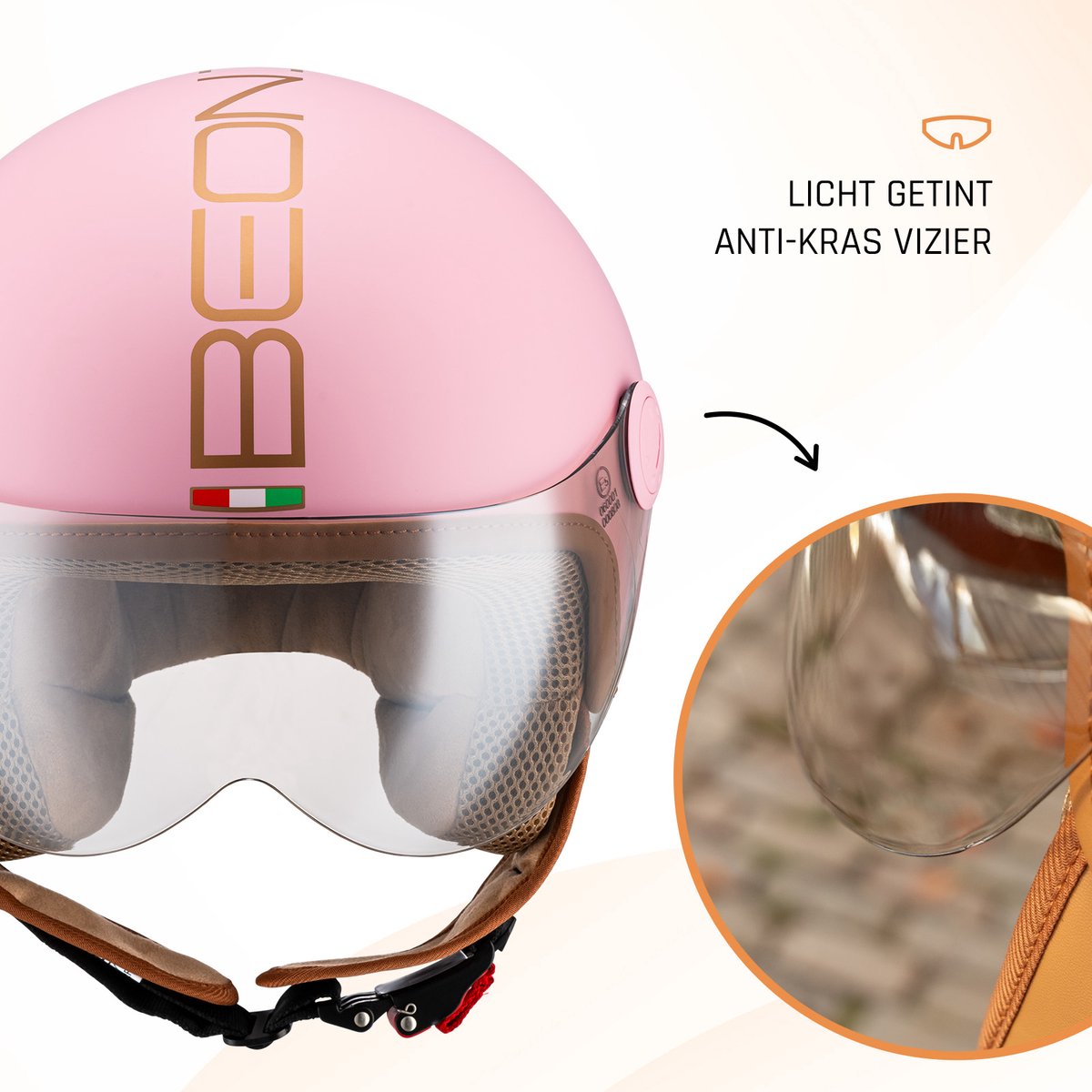 BEON Design Luxe Scooterhelm - Roze - S - Jethelm met Vizier - Motorhelm voor Dames - Geschikt voor Vespa, Scooter, Brommer, Motor en Snorfiets – foto 8