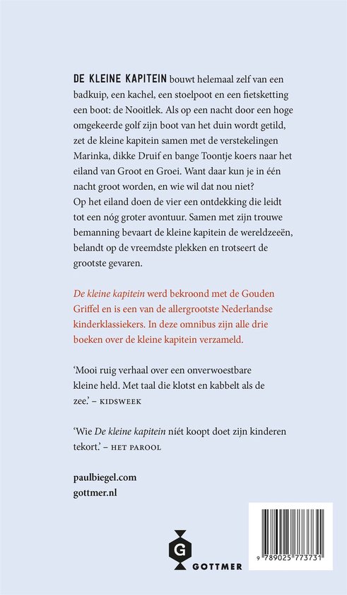 Boekcover van 'De kleine kapitein' met tekst en logo's.