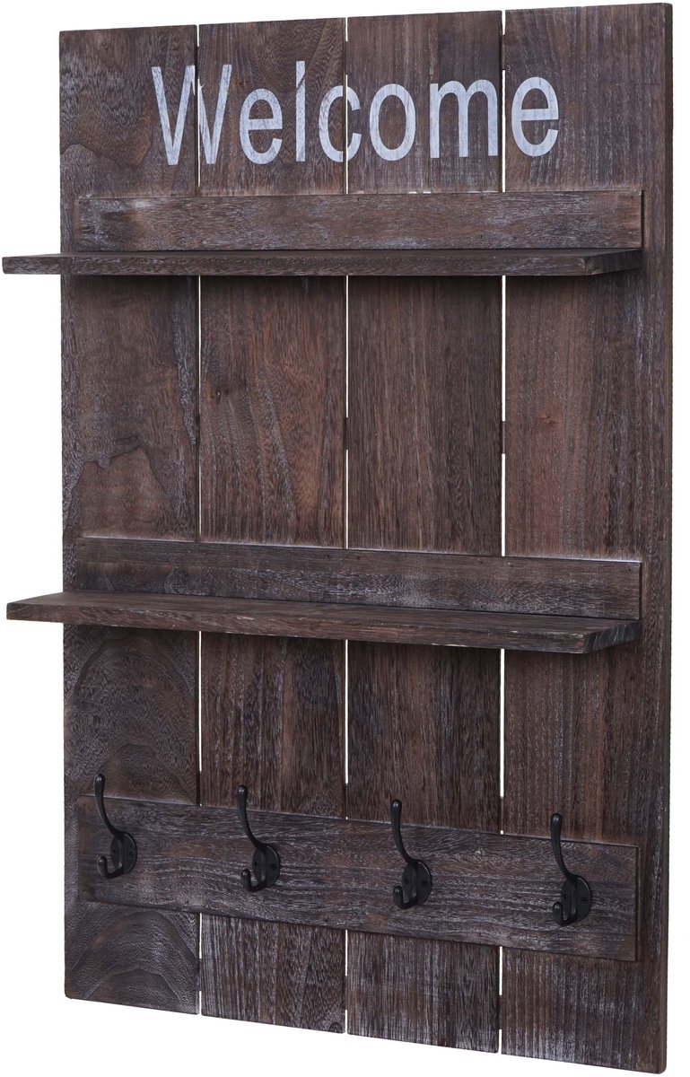 MCW Wandgarderobe MCW-C89 Welcome, garderobe paneel garderobe, shabby look vintage, 4 haken 90x60cm ~ bruin, shabby