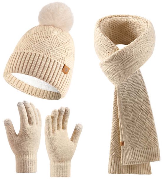 Set 3 en 1 bonnet, écharpe et Gants pour femme - Coffret cadeau d'hiver pour femme, bonnet à pompon, doublure polaire et bonnet d'hiver chaud - Beige