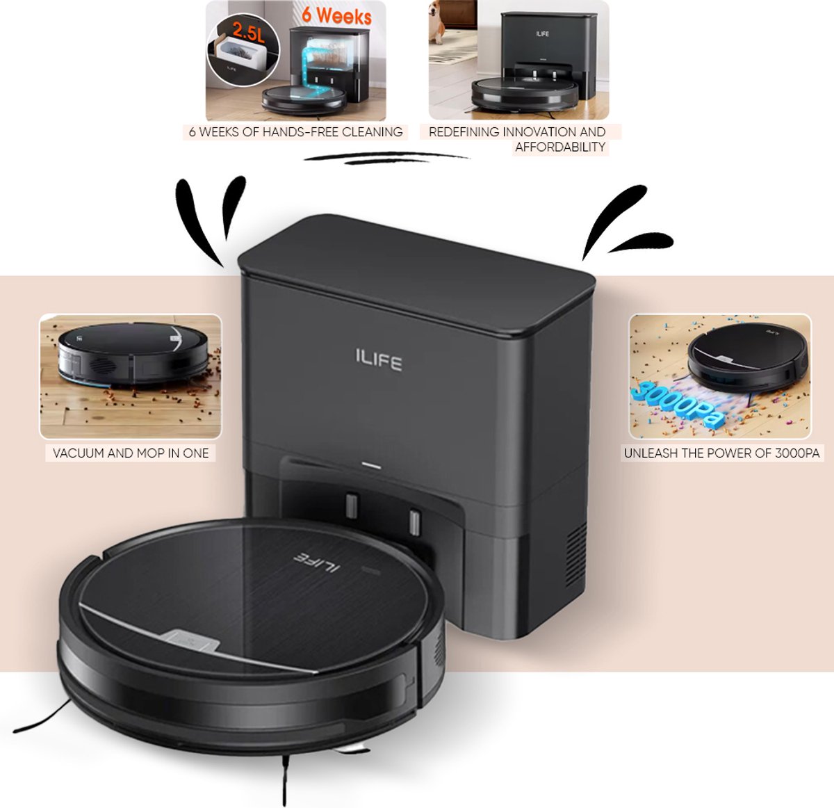 ILIFE V9Pro Robotstofzuiger met Zelfledigend Station en 3000Pa Sterke Zuigkracht