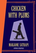 Boek "Chicken With Plums" van Marjane Satrapi. Een silhouet van een man met een gitaarkoffer loopt onder een licht, tegen een donkerblauwe achtergrond.