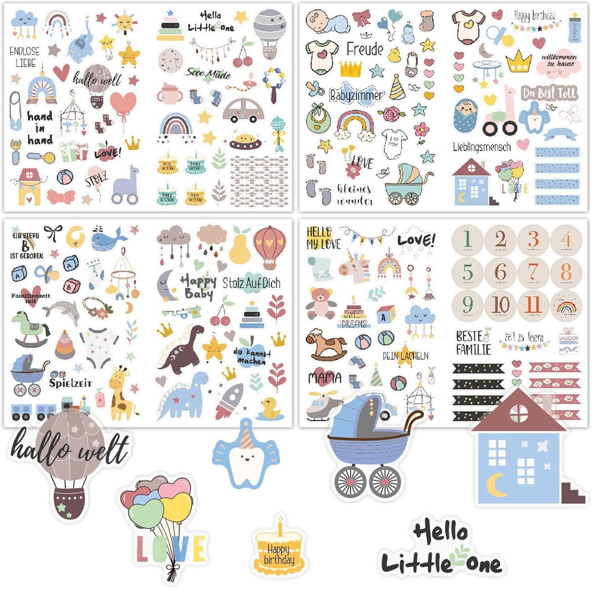 212 Stickers voor Baby Album - 4 Stuks Scrapbooking Stickers - Stickers voor Kinderen en Baby's - Foto Albums - A4 DIY Stickers - Baby Shower - Scrapbooking - Gastenboek - Foto Album - Creatieve Knutselprojecten