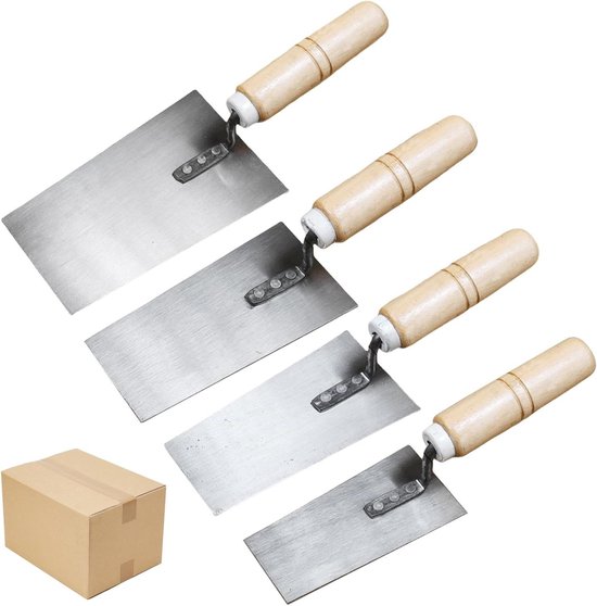 Allecto plus - Ensemble de truelle en acier inoxydable pour travaux de stucature - Set d'outils de maçonnerie 4 pièces avec manche en bois (50 mm, 55 mm, 60 mm, 80 mm)