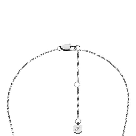 Sluiting en verlengketting van een zilverkleurig collier met een F-hanger.