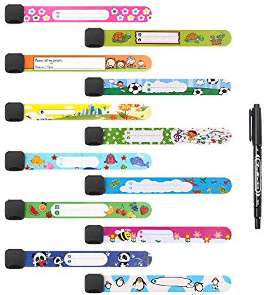 Image of 12-delige noodarmbandenset voor kinderen - waterdicht, herbruikbaar en met pen, ideaal voor jongens en meisjes