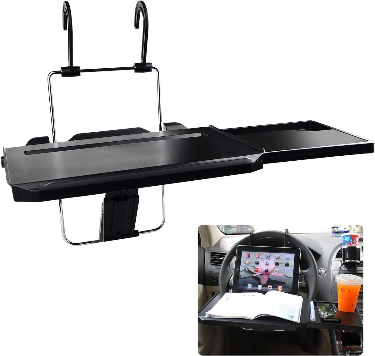 Image of 1-delige 2-in-1 autostuurblad - Tafelafmetingen 340×300×40 mm - Hoofdsteunblad achterbank - Autotafel - Voor eten, drinken en werken aan laptop - Zwart
